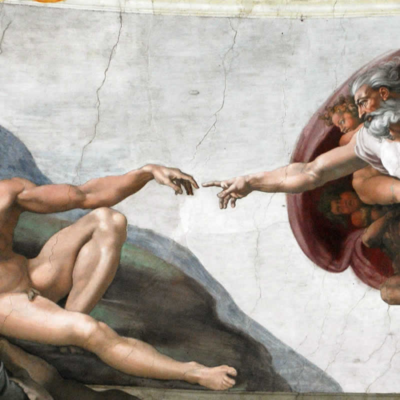 La Creazione di Adamo affrescata da Michelangelo nella Cappella Sistina nei Musei Vaticani a Roma