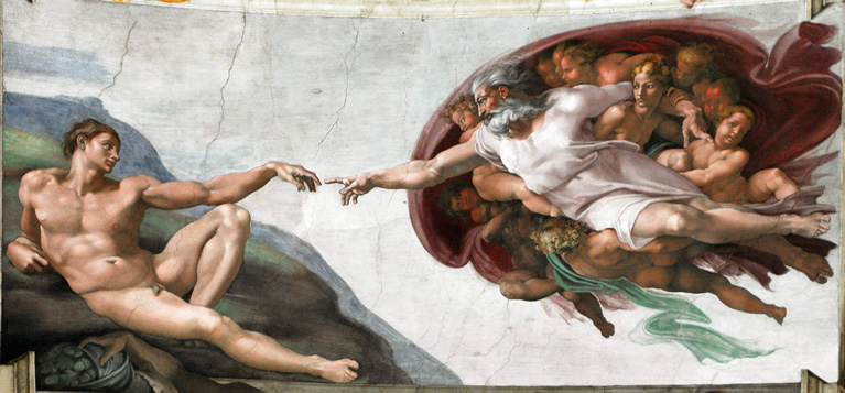 La Creazione di Adamo affrescata da Michelangelo nella Cappella Sistina nei Musei Vaticani a Roma