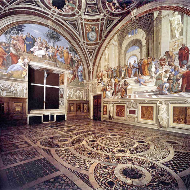 La stanza della segnatura affrescata da Raffaello nei Musei Vaticani